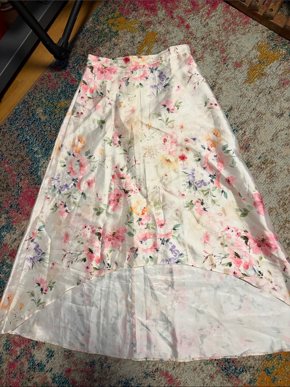 Floral High-Low Midi Skirt - White with Pink & Purple Flowers